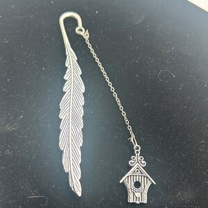 Silver Feather Bookmark with Birdhouse Charm